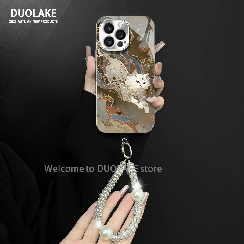 敦煌猫咪适用苹果vivo华为oppo小米iPhone17电镀玻璃防摔手机壳潮