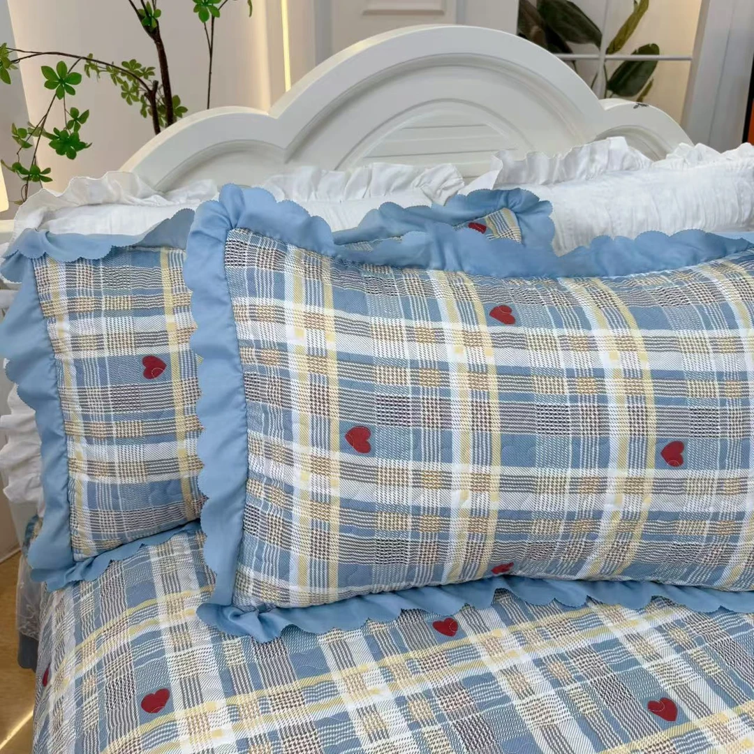 A类春夏新品【蓝格爱心】四季款有氧提花泡泡棉枕套枕头套-F