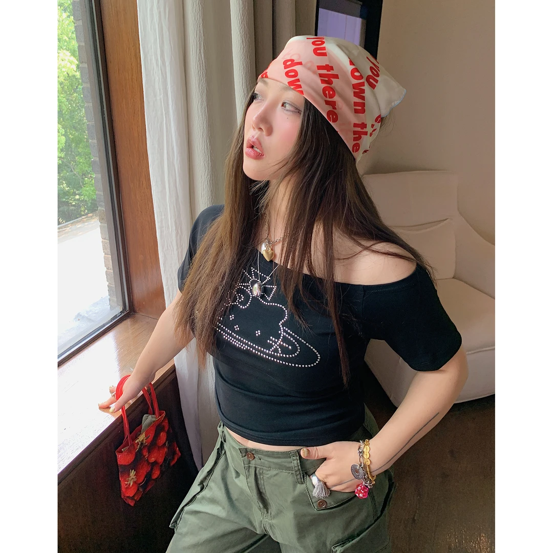 Dazi金大支kitty钻露肩T恤女短袖上衣0616/0263夏季薄款韩版网红