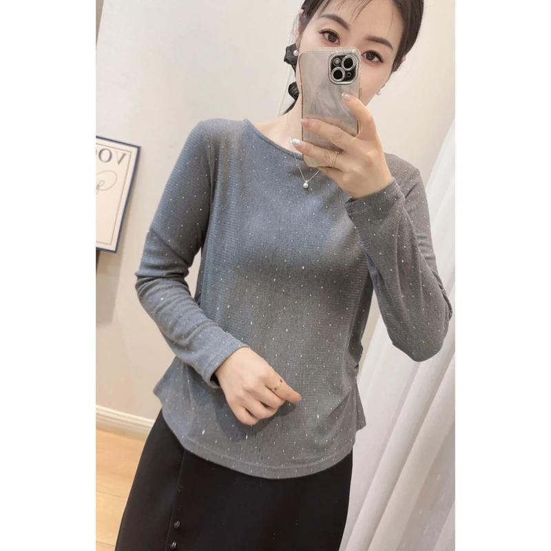 【清款7】全身烫钻侧面抽褶圆领T恤女2176