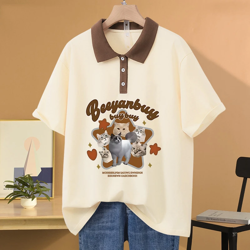 夏季大码胖mm宽松POLO领纯棉短袖t恤女休闲百搭显瘦遮肚体恤上衣