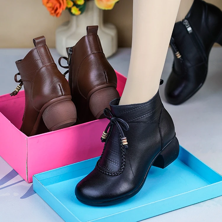 XM5185秋冬新款短靴女真皮圆头软底舒适百搭粗跟单靴棉靴马丁靴