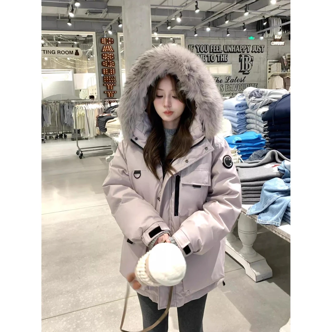 冰晶紫色大毛领工装羽绒服女2025新款宽松时尚加厚派克服外套冬