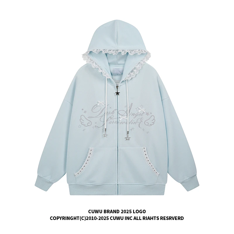 cuwu韩系甜美蕾丝连帽卫衣开衫女秋季蝴蝶结宽松慵懒chic休闲外套