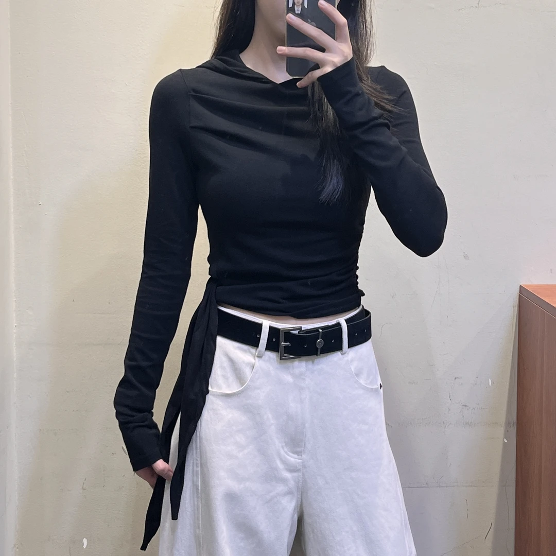 范范与凡凡【左岸慢调】美式辣妹风绑带收腰连帽长袖小众显瘦上衣