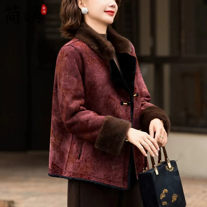 简溪妈妈冬装皮毛外套加绒加厚衣服中老年奶奶新款保暖国风上衣女