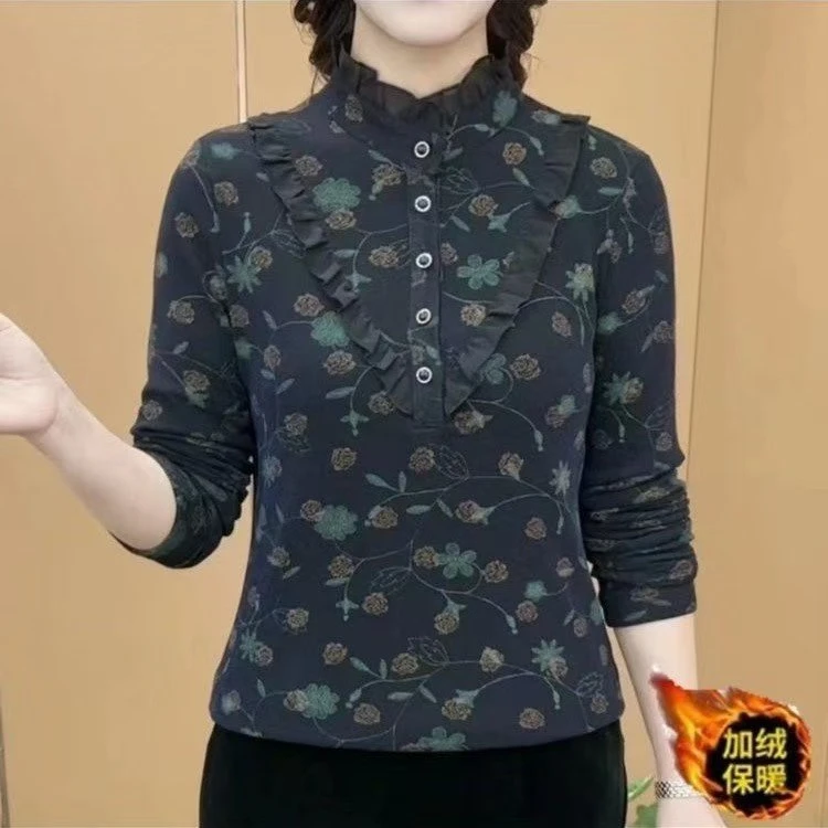 秋冬新款洋气显瘦加绒打底衫时尚百搭上衣保暖修身圆领气质小衫