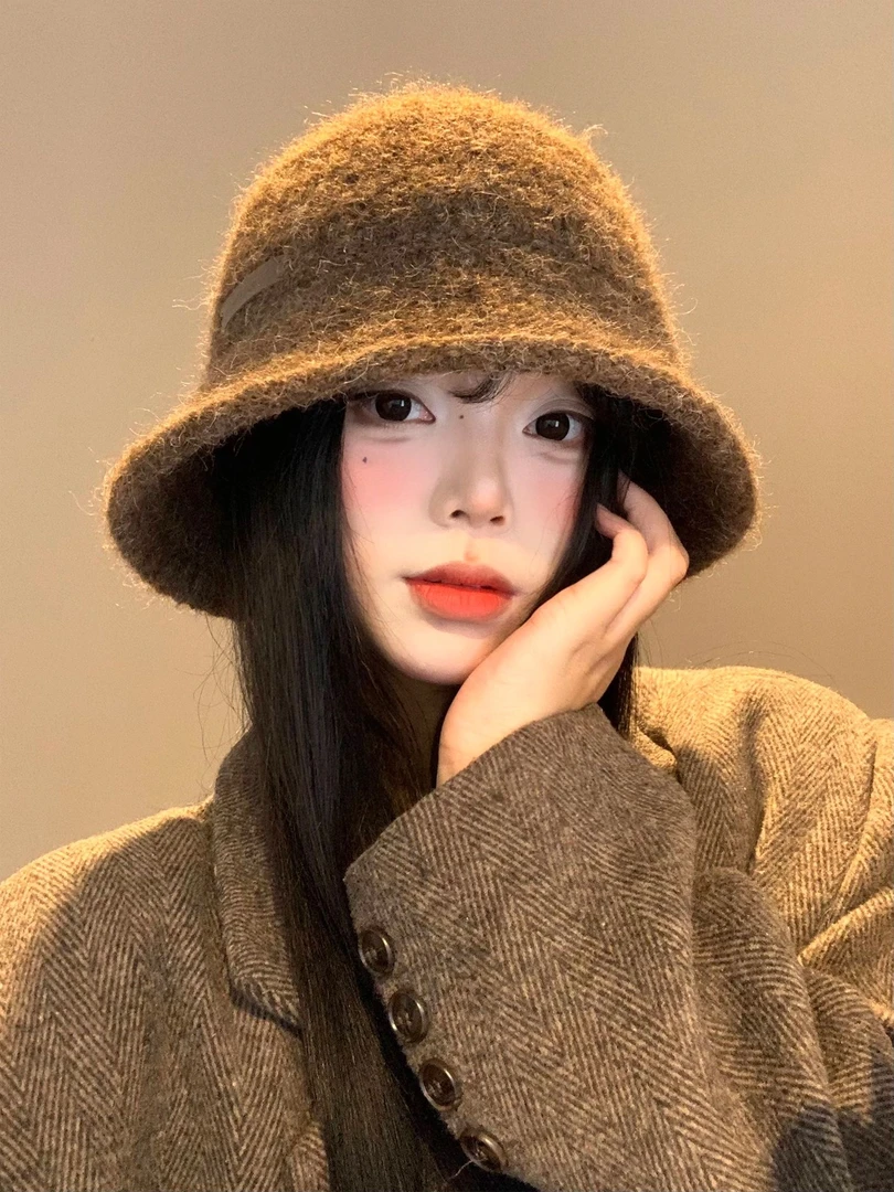 美拉德复古针织渔夫帽女秋冬咖色显脸小水桶帽大头围保暖毛线帽子