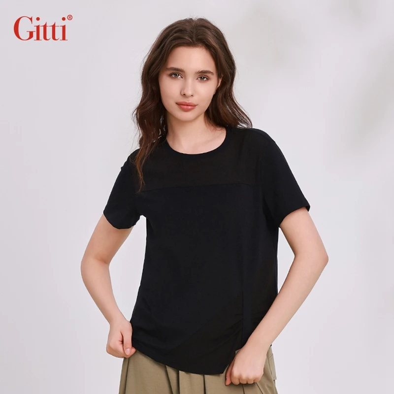 Gitti/吉蒂显瘦大码短袖女棉拼接抽皱圆领T恤G251605