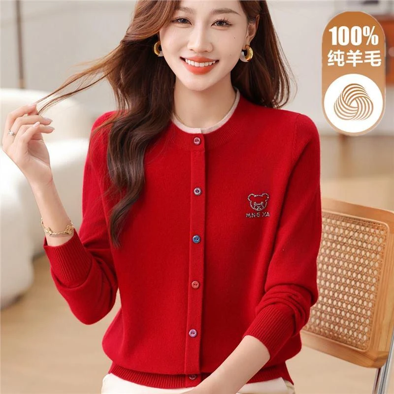 妈妈100纯羊毛衫毛衣秋冬新款圆领针织衫假开衫喜婆婆结婚宴礼服