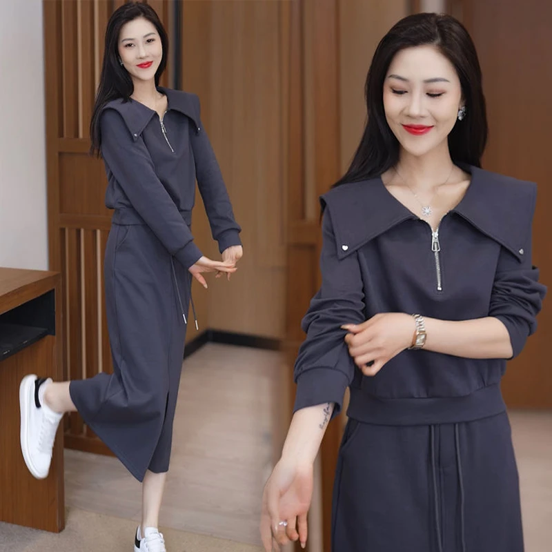 减龄卫衣套装裙女士2025年春秋季新款宽松中长款开叉半身裙两件套