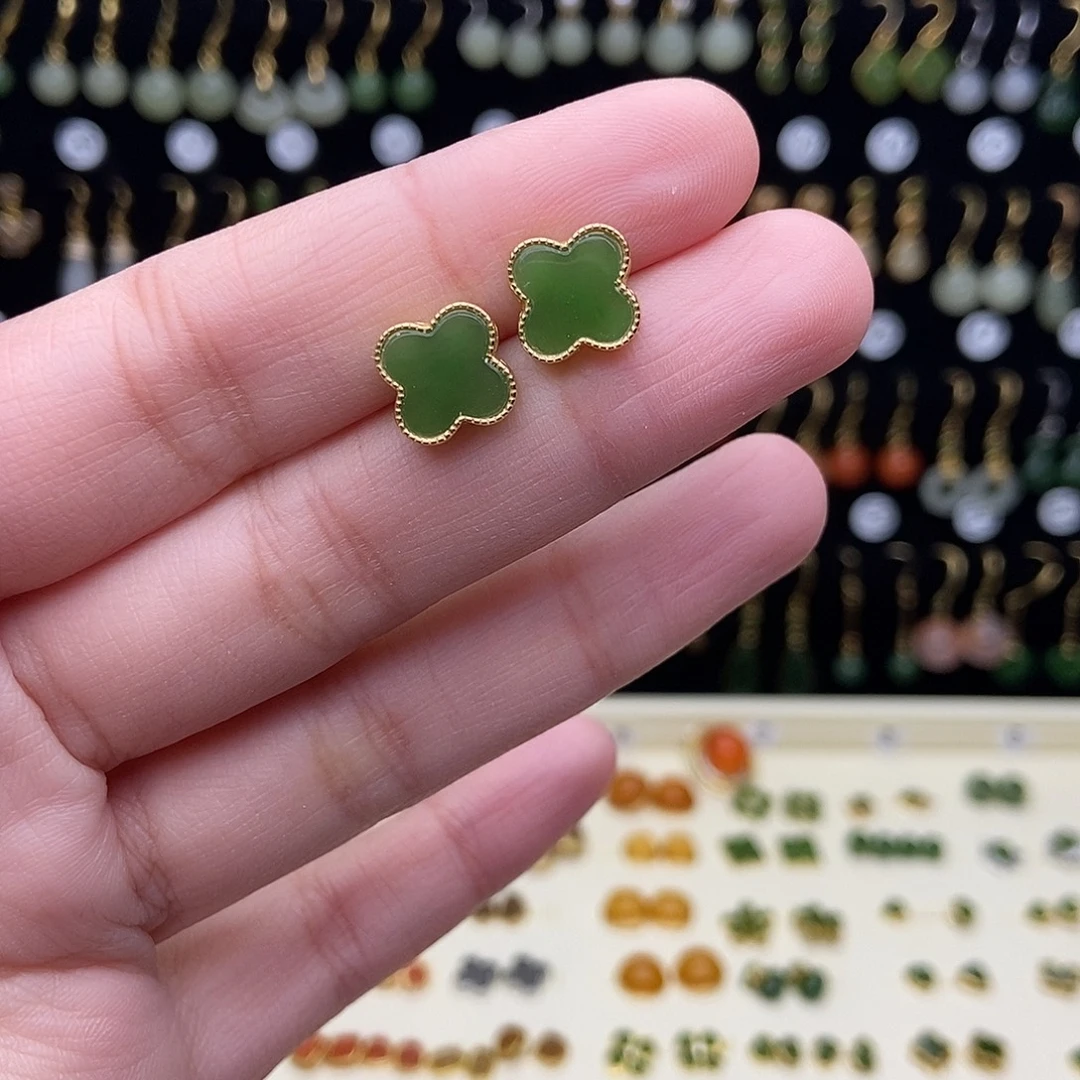 和田玉银S925镶嵌耳饰