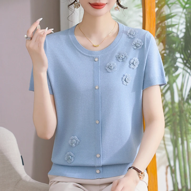 气质妈妈装纯色夏季短袖T恤衫中老年女装绣花时尚薄款圆领上衣679