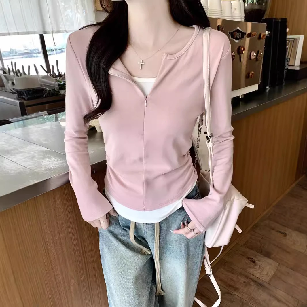拉链款假两件长袖T恤春季新款修身褶皱内搭打底衫小众上衣