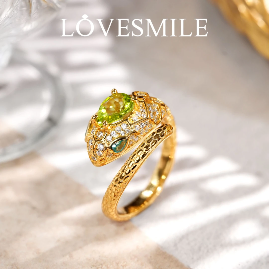 S925银镶嵌天然橄榄石灵蛇戒指