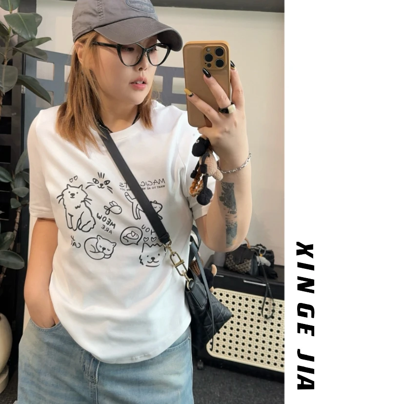 「欣哥」微胖大码 夏日正肩圆摆“猫咪”短袖体恤
