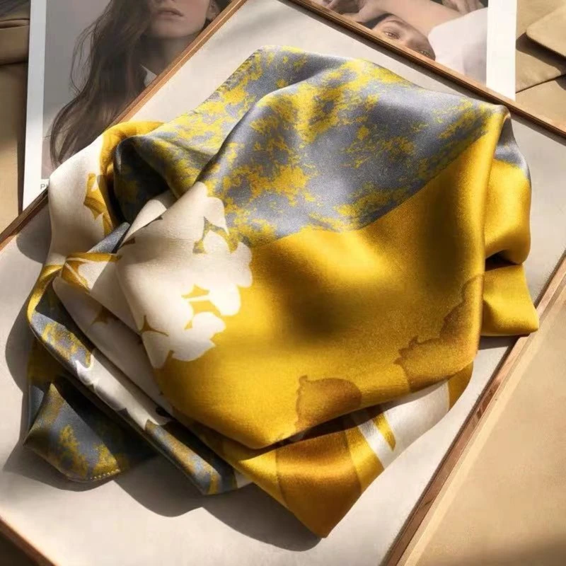 JR#【风铃花】90方巾高货珍珠缎显白减龄洋气百搭丝巾披肩秋冬季