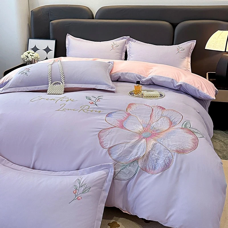 高级刺绣磨毛加厚精美绣花四件套床上用品轻奢婚庆大红色