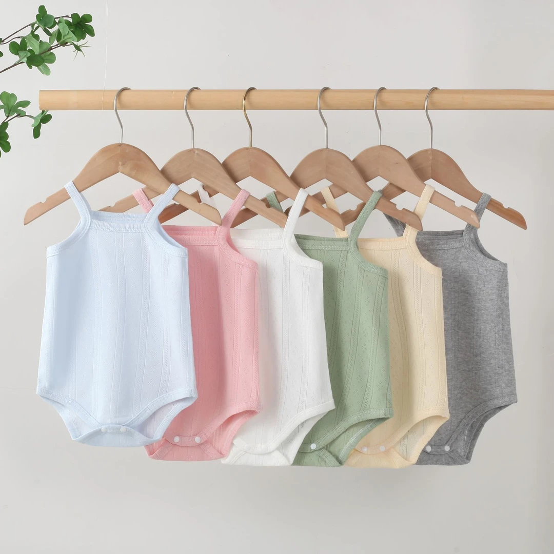 夏季婴儿吊带包屁衣提花无骨新生儿纯棉薄款透气网眼三角哈衣爬服