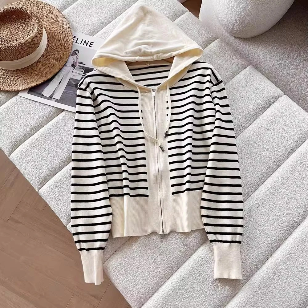 连帽条纹双拉链毛衣开衫女设计感抽绳长袖针织帽衫洋气短款小外套