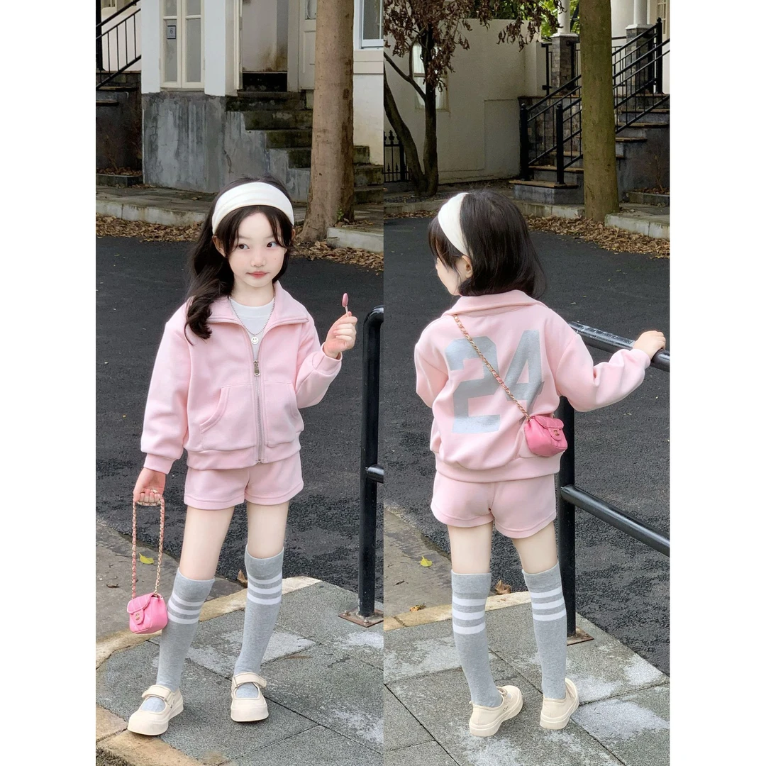 Bmy2025at 女童秋季新款韩版休闲印花卫衣外套洋气短裤两件套