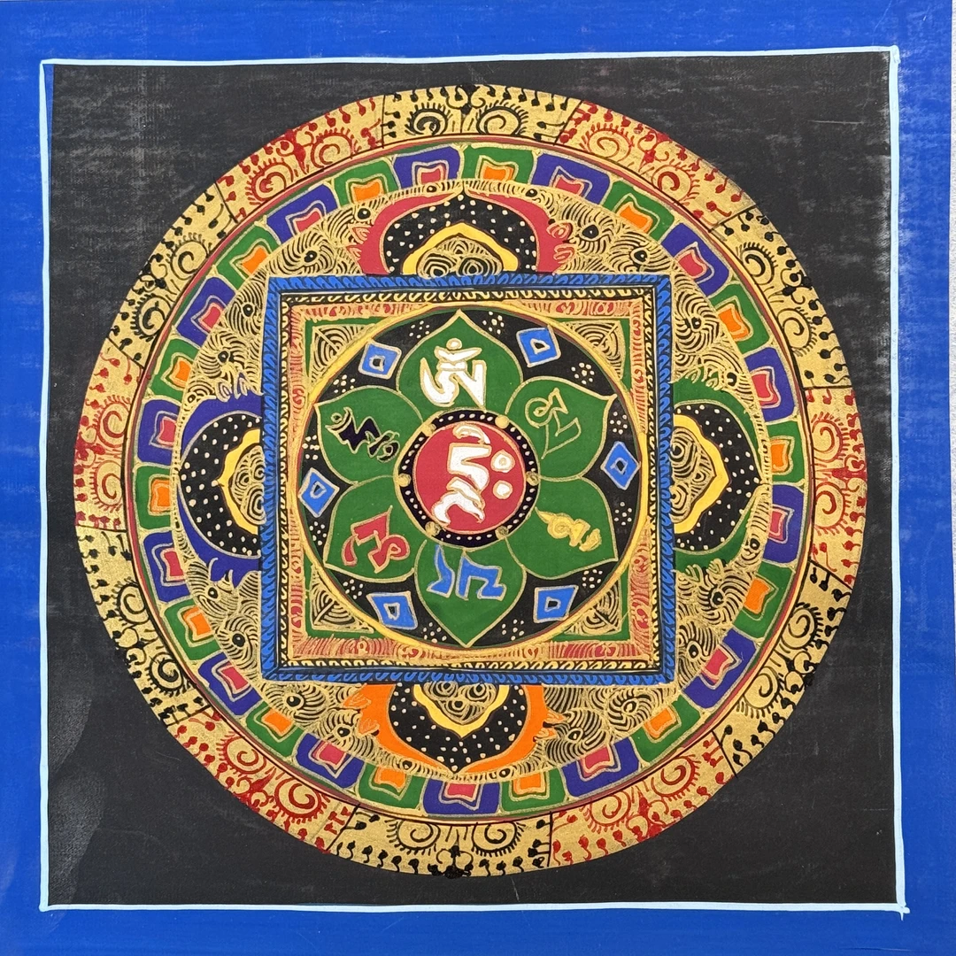 尼泊尔手绘唐卡装饰挂画黄财神扎基拉姆六字真言八宝坛城