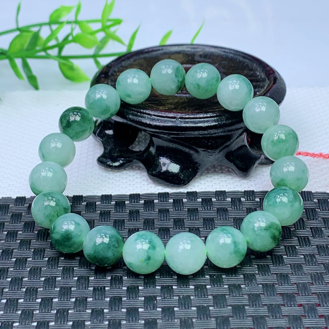 正品缅甸天然A货翡翠 圆润饱满 冰飘花圆珠手串 尺寸 10加19颗