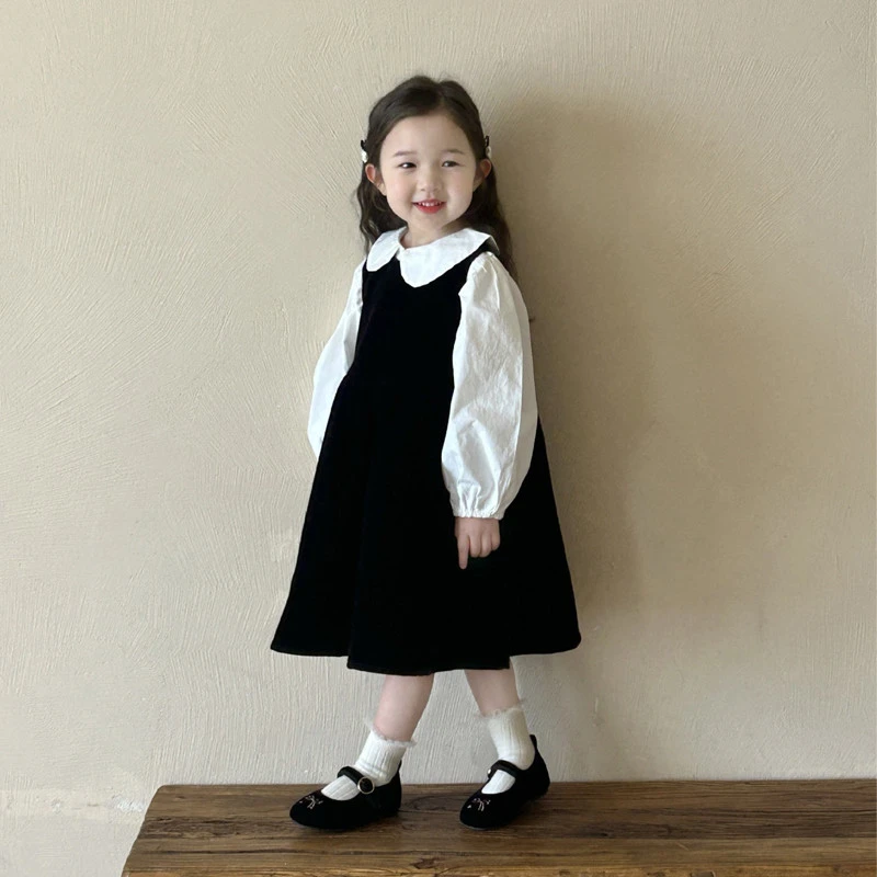 女童连衣裙2025秋季新款韩版儿童学院风丝绒背心女孩学院风公主裙