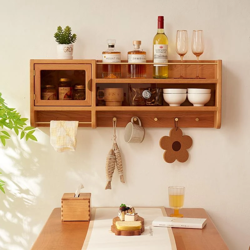 日式餐边柜墙上置物架实木吊柜壁挂咖啡杯子收纳柜厨房挂墙调料柜