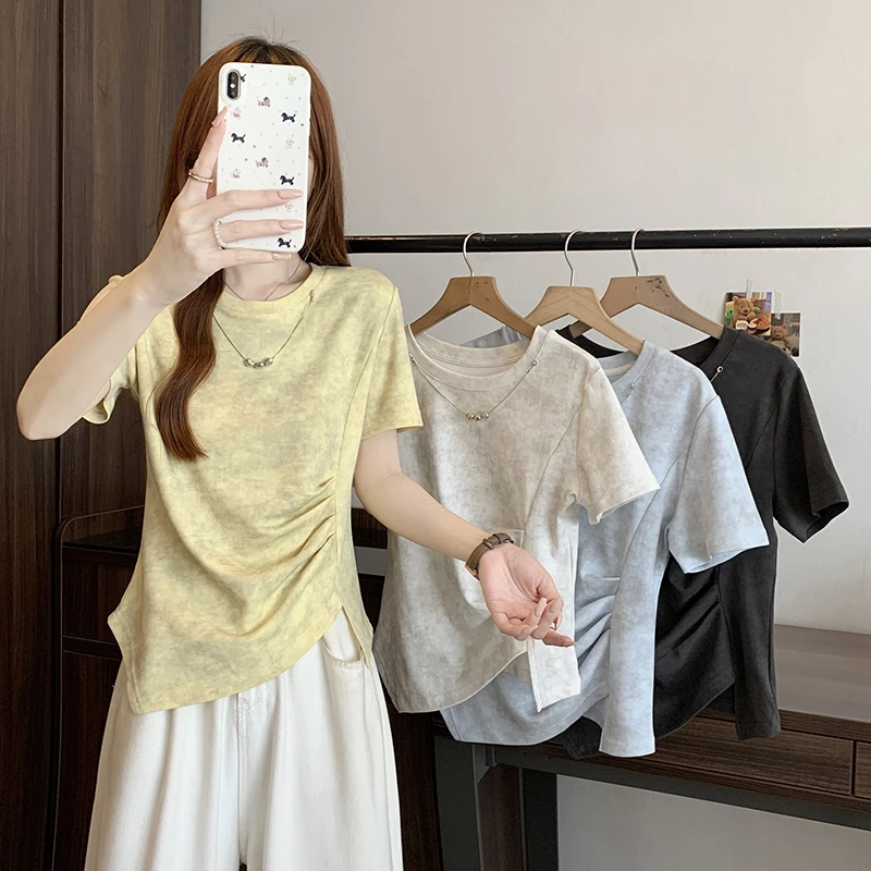 2025夏装新款胖mm大码女设计感链条扎染不规则短袖T恤33777