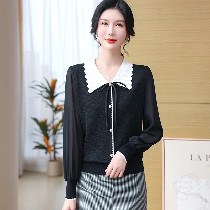 秋装大码2025新款宽松针织衫长袖拼接上衣女娃娃领薄款雪纺打底衫