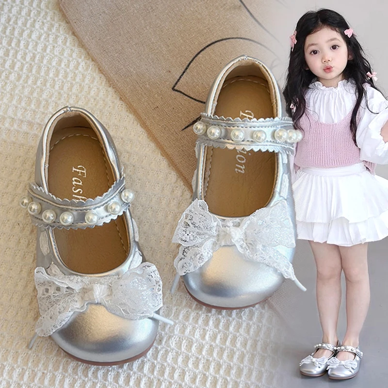 ABC 女童小皮鞋2025春秋儿童韩版公主鞋银色蕾丝小童女宝软底单鞋