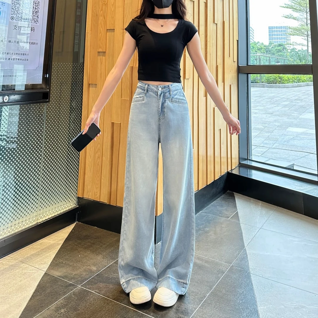 【现货+送丝带】2025夏丝带冰川蓝窄版阔腿无弹高腰牛仔垂坠直筒裤