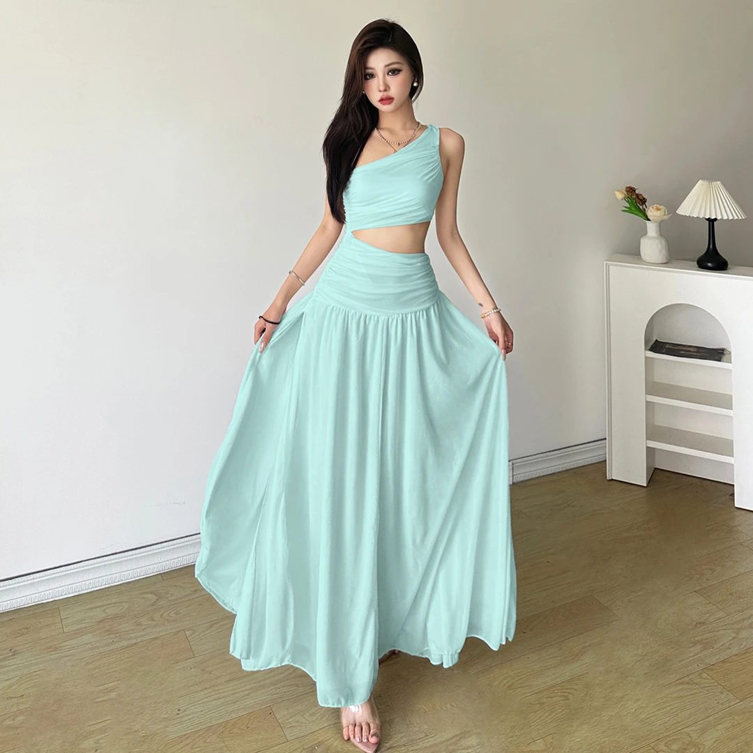 Malou 薄荷绿ins斜肩镂空显瘦网纱连衣裙女 度假风长裙K24D51327