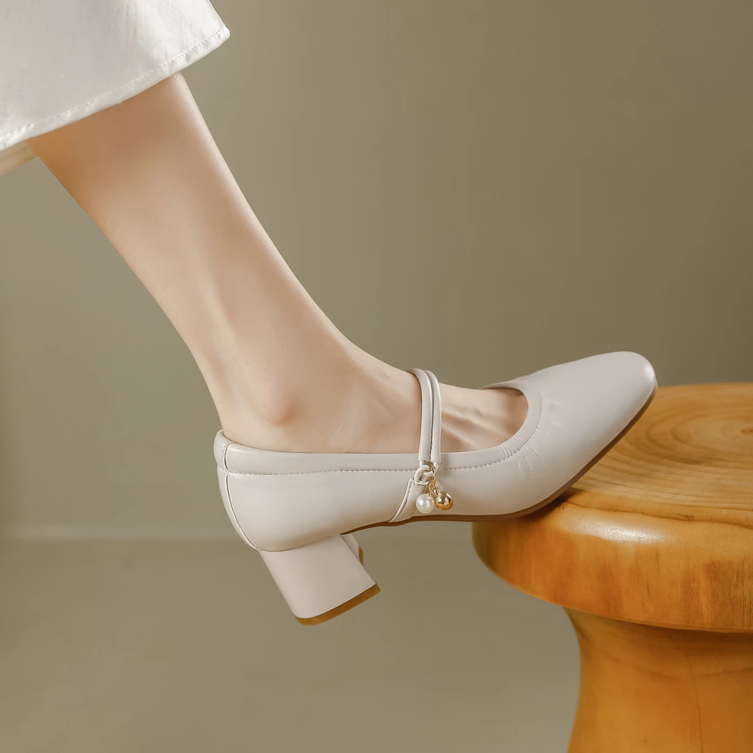 玛丽珍高跟鞋百搭粗跟圆头气质单鞋女夏真皮法式浅口出游百搭鞋子