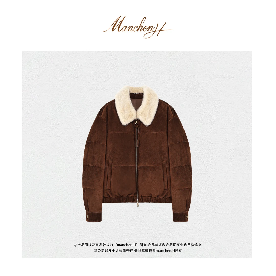 Manchenh"臻绒守护"混种羊皮革珍珠米雕领（可拆卸） 鹅绒服