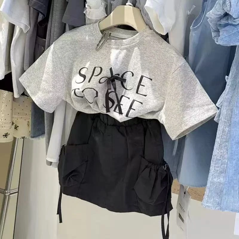 女童新款夏季套装韩版字母洋气短袖网红炸街两件套宽松半裙时髦潮