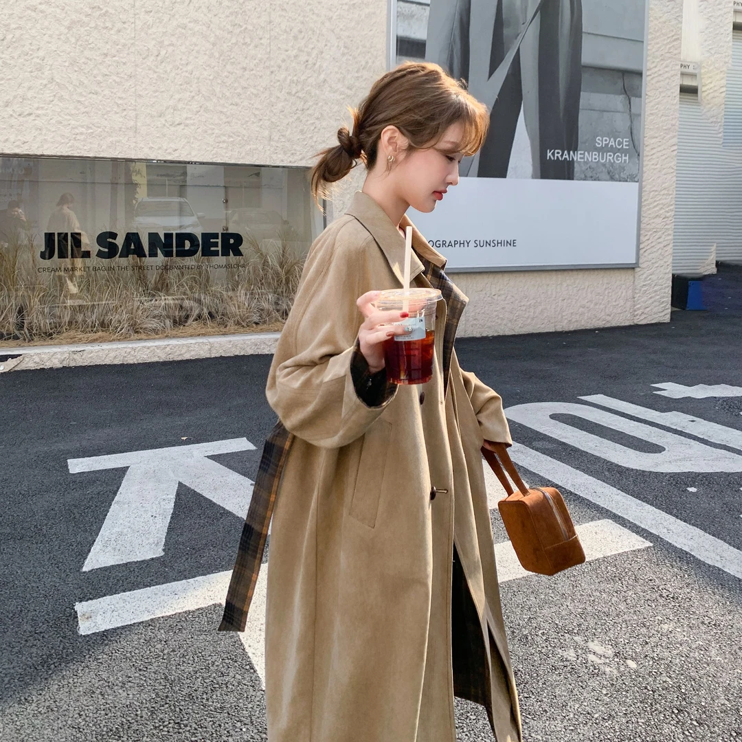 卡其色正反两面穿慵懒风衣女2025春秋新款格子英伦风长外套高级感
