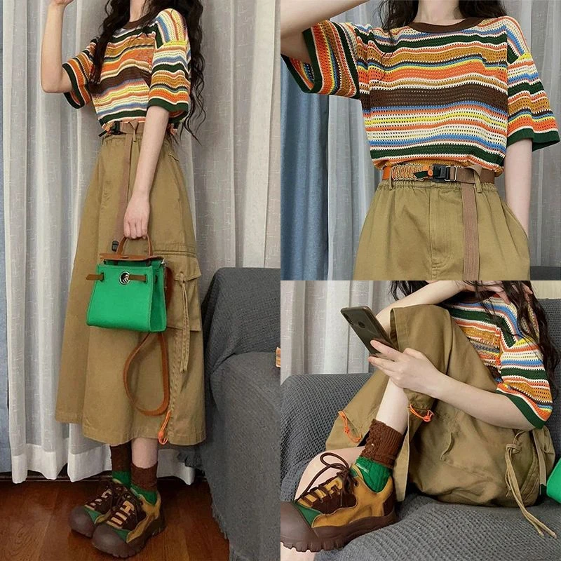 两件套女日韩百搭彩虹撞色针织条纹短袖恤上衣高腰工装半裙套装