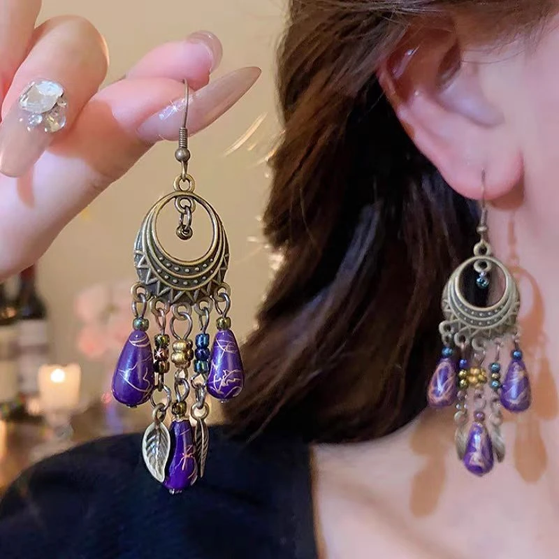 铜合金耳饰 【598】异域风情流苏耳环女复古夸张长款民族风个性耳饰