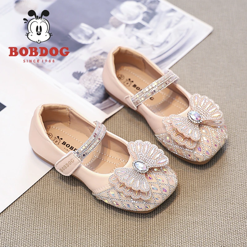 巴布豆女童公主鞋闪亮水晶鞋2025春季新款儿童小皮鞋小女孩礼服鞋