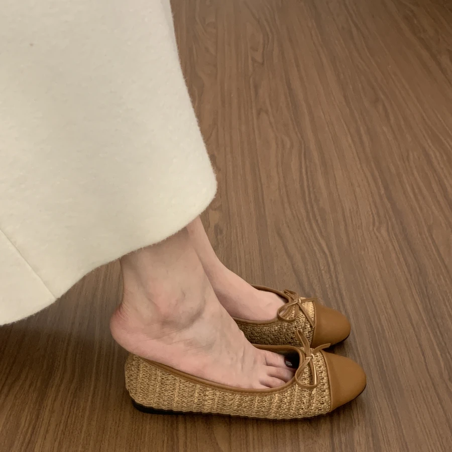 温柔蝴蝶结拼接浅口晚晚单鞋女2025夏季新款通勤百搭一脚蹬奶奶鞋