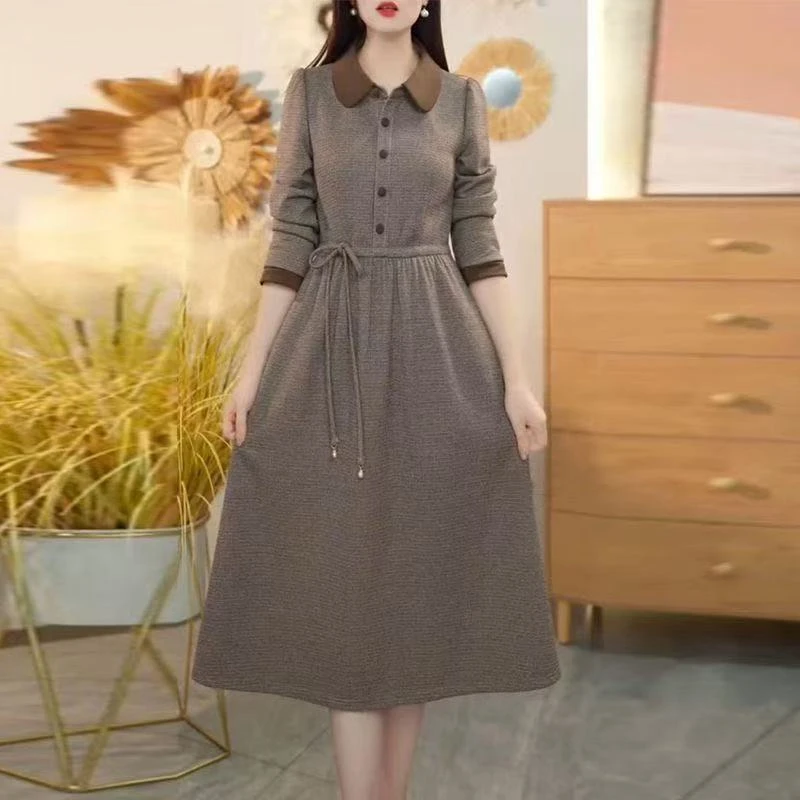 5716#优雅百搭拼接裙子2025秋 冬季新款收腰显瘦洋气中长款连衣裙