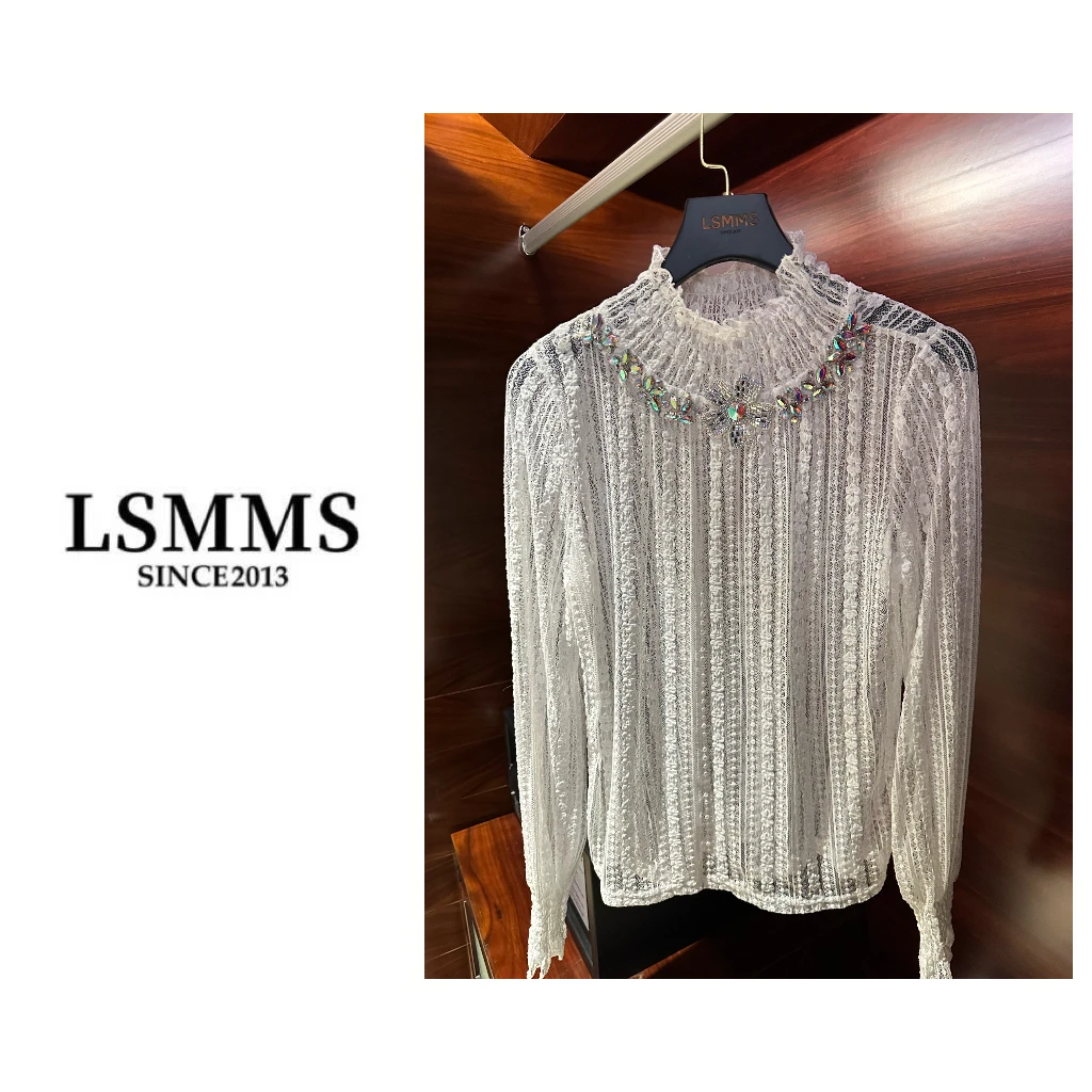 LSMMS设计师款手缝重工镶钻花朵轻奢微透蕾丝打底衫女民族风1201