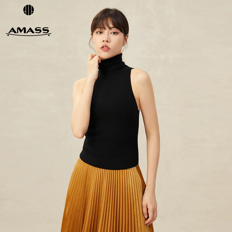 阿玛施AMASS高领时尚纯色针织背心内搭打底上衣老钱风女5392356