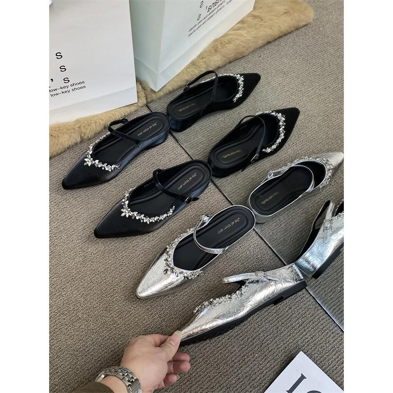 银色水钻尖头一字带凉拖女凉鞋穆勒鞋内增高包头半拖鞋