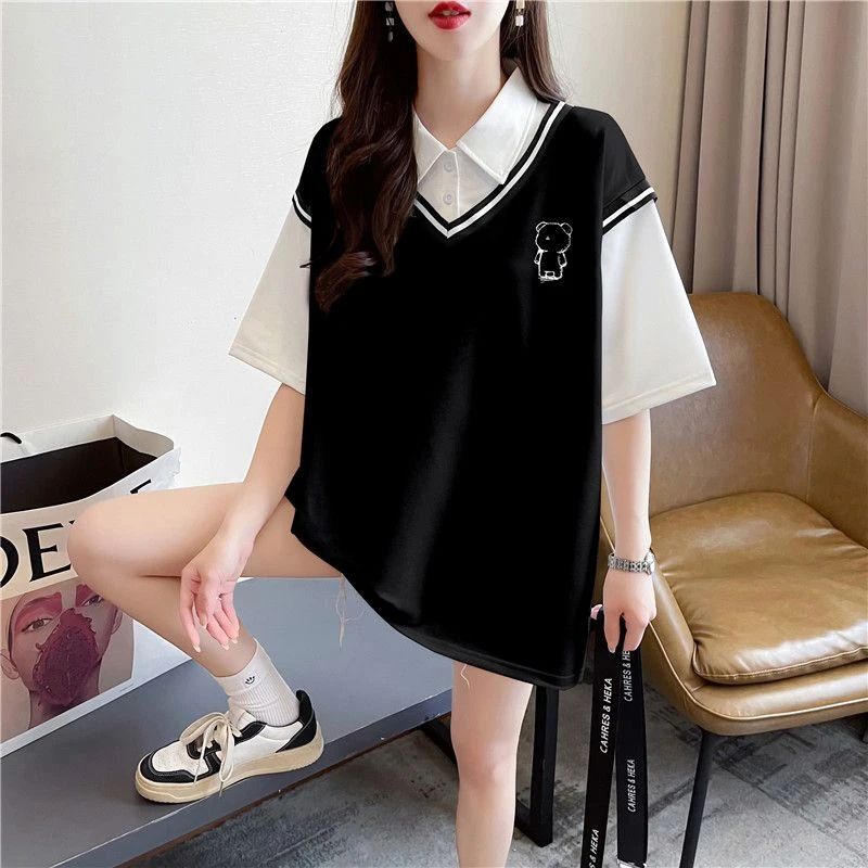 学院风短袖t恤女polo领夏季设计感撞色假两件休闲宽松显瘦上衣ins