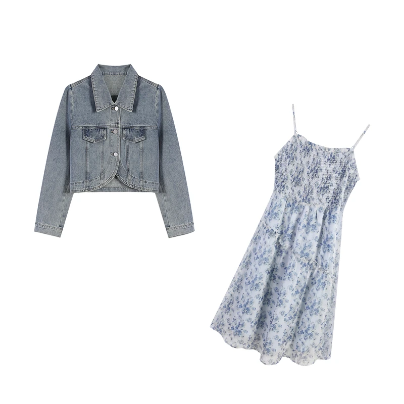 时髦牛仔上衣外套碎花吊带裙两件套ZL41876