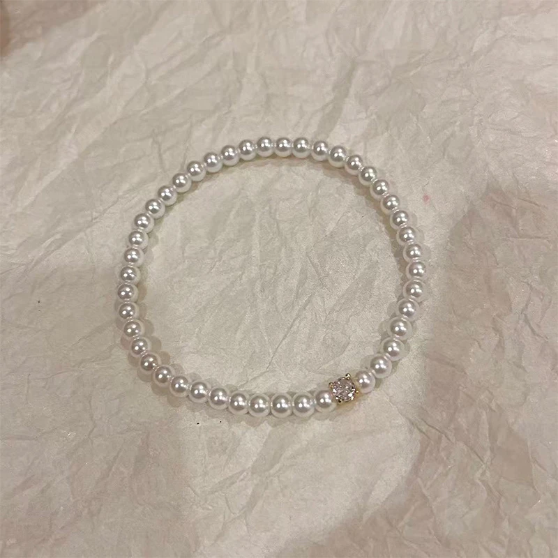 铜合金仿珍珠手链 贝珠闪钻手链女法式轻奢高级感百搭手饰品7148