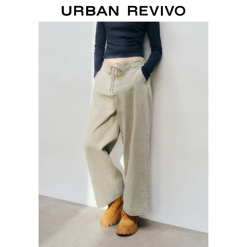 UR2025春季新品女装欧若风简约休闲松紧腰抽绳阔腿裤UYL650009